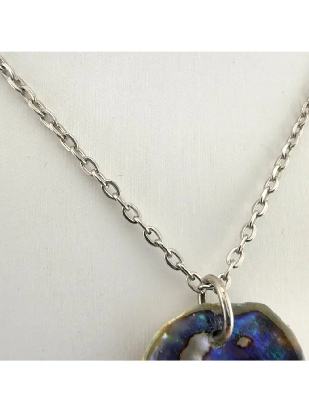 Natural Abalone Shell Pendant Necklace Silver Tone Chain Iridescent 24